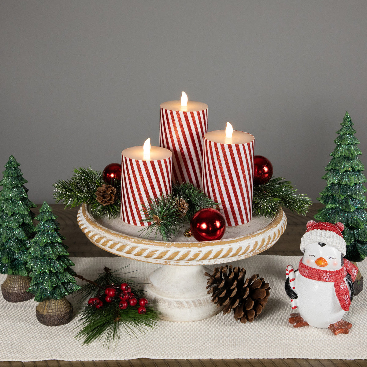 Set of 3 LED Flickering Flameless Candy Cane Striped Christmas Pillar Candles (6 Inch)