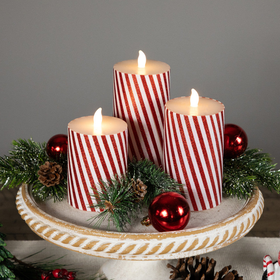 Set of 3 LED Flickering Flameless Candy Cane Striped Christmas Pillar Candles (6 Inch)