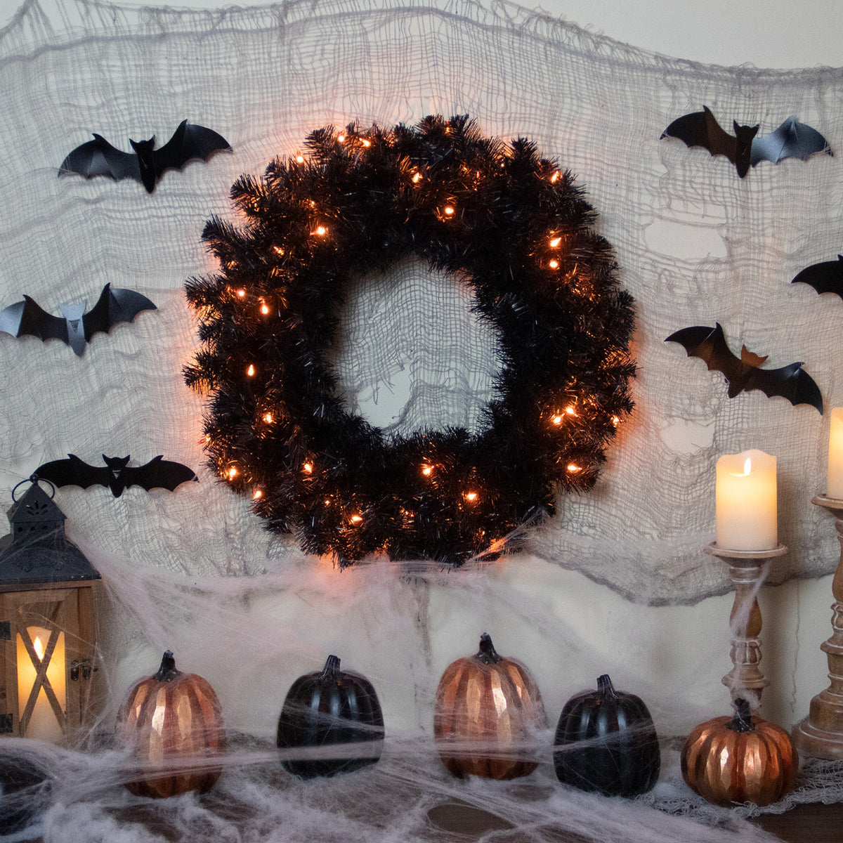 Halloween 24&quot; Wreath Artificial Pre-Lit Black with Orange Lights