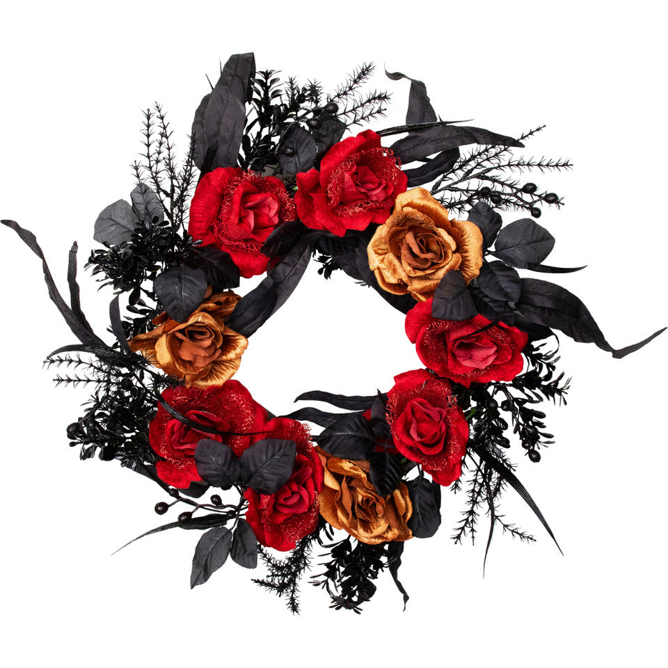 22" Unlit Halloween Wreath with Red and Gold Roses