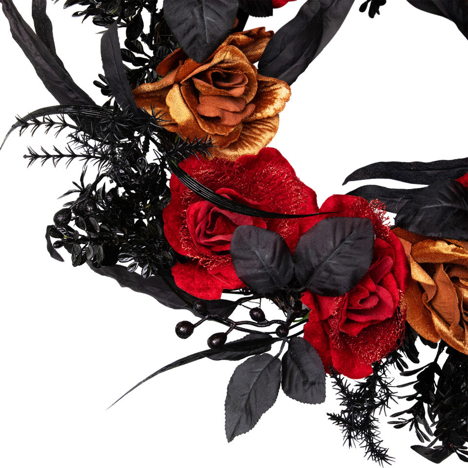 22" Unlit Halloween Wreath with Red and Gold Roses