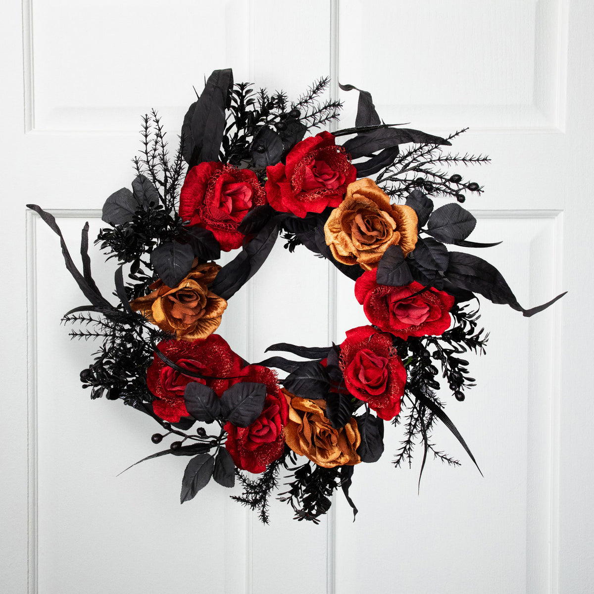22&quot; Unlit Halloween Wreath with Red and Gold Roses