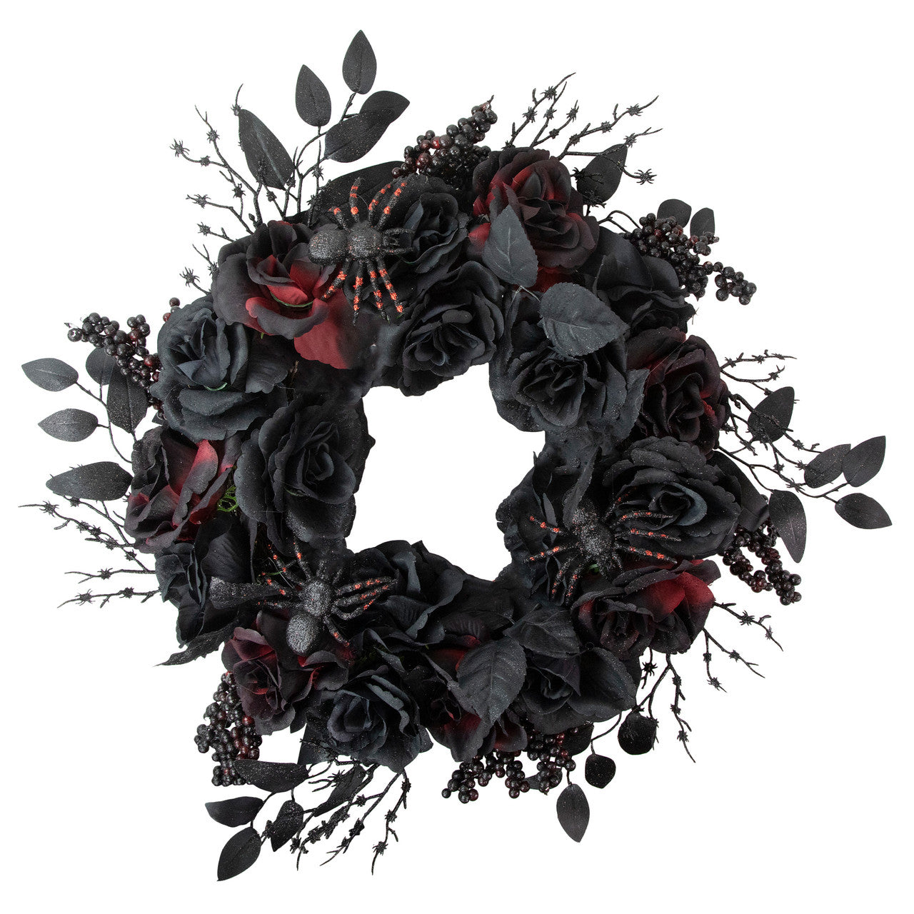 Halloween Wreath Burgundy and Black Roses with Spiders Halloween Wreath, 24-Inch