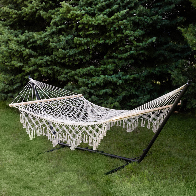 Bohemian Macrame Hammock with Wooden Bars (Cream)