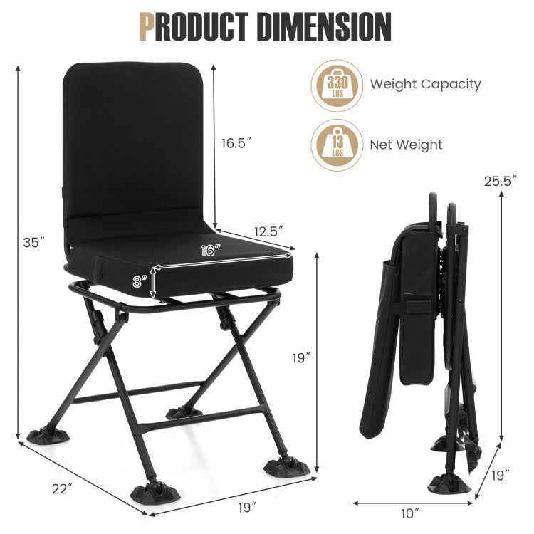 Swivel Folding Chair with Backrest and Padded Cushion (Black)