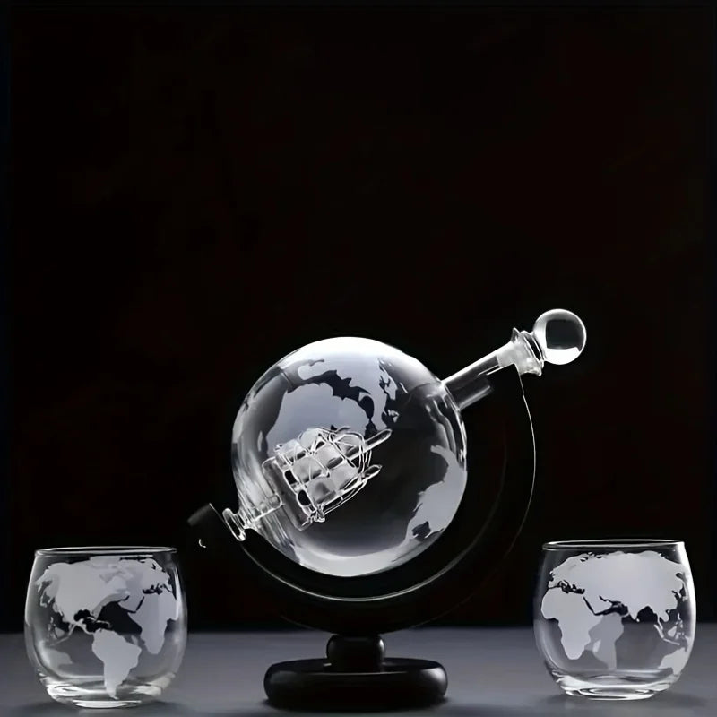 World Map Etched Glass Decanter Cup Set (3-Piece)
