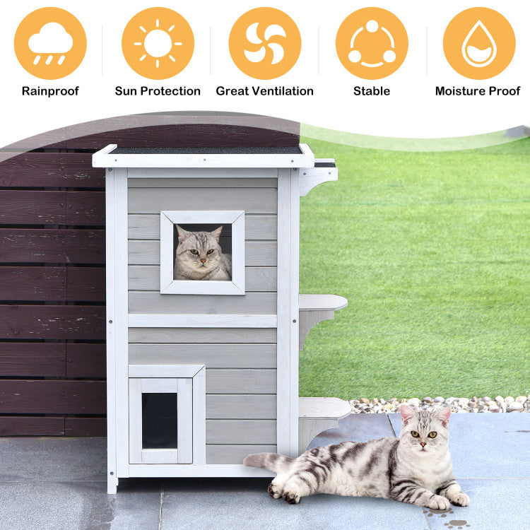 Rainproof 2-Story Wooden Cat House with Escape Door
