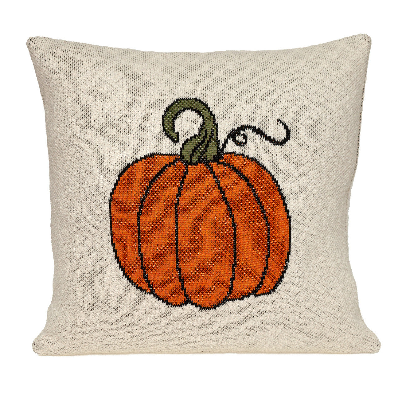 20" Beige and Orange Fall Harvest Pumpkin Knitted Throw Pillow