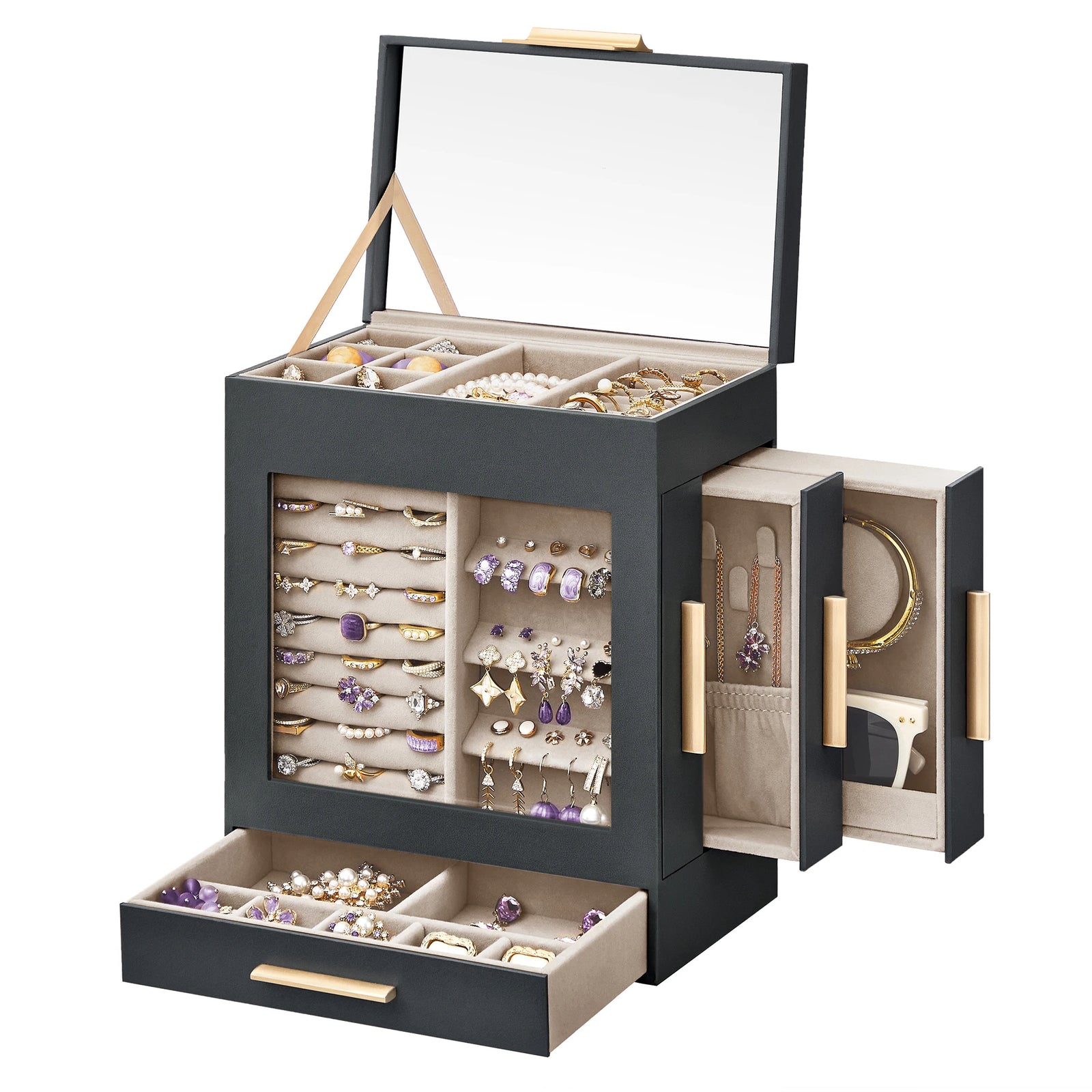 Elegant Jewelry Storage Box 5-Tier Organizer with Clear Glass Top and Drawers (Slate Gray)