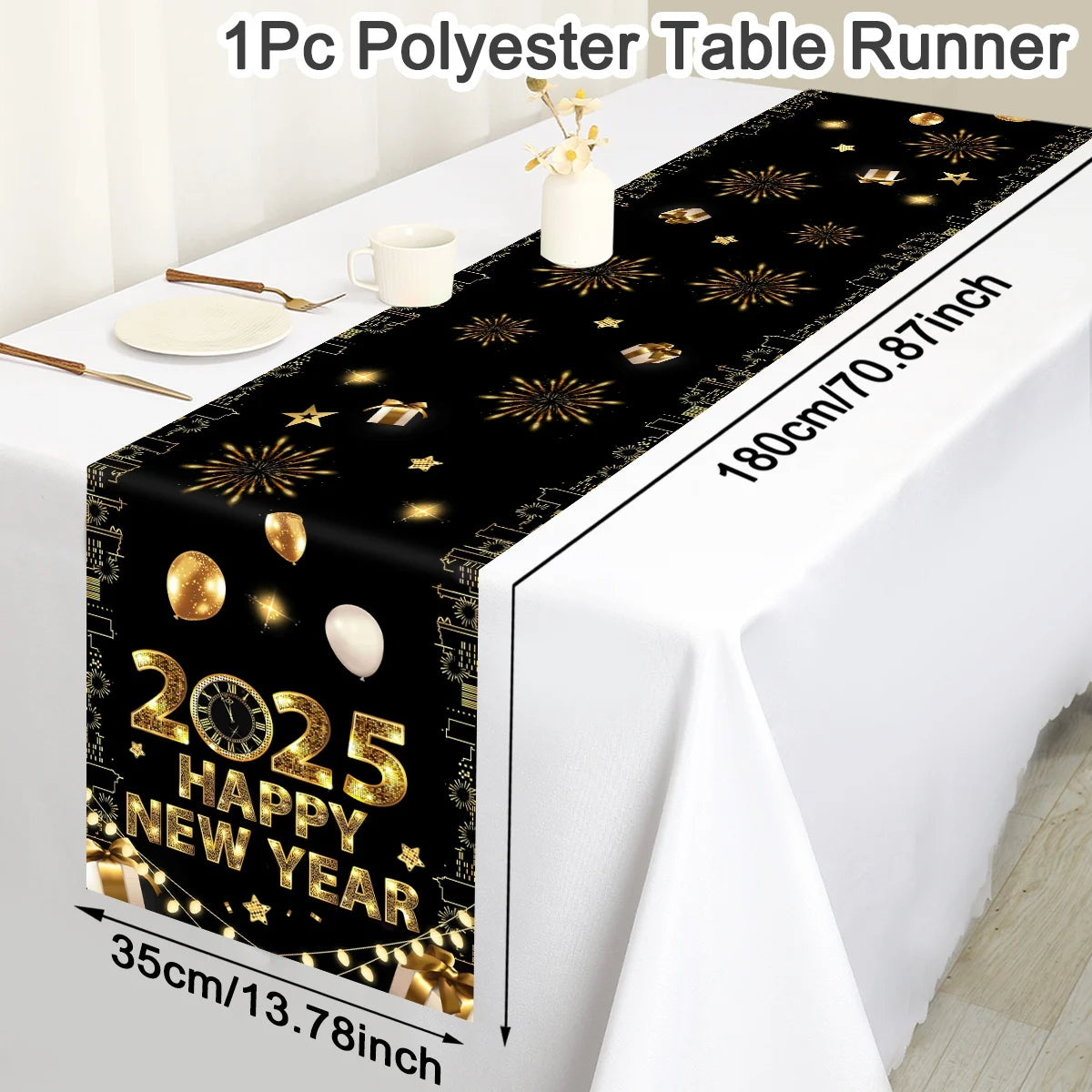 Happy New Year Black Gold Backdrop Table Runner For 2025 Decoration