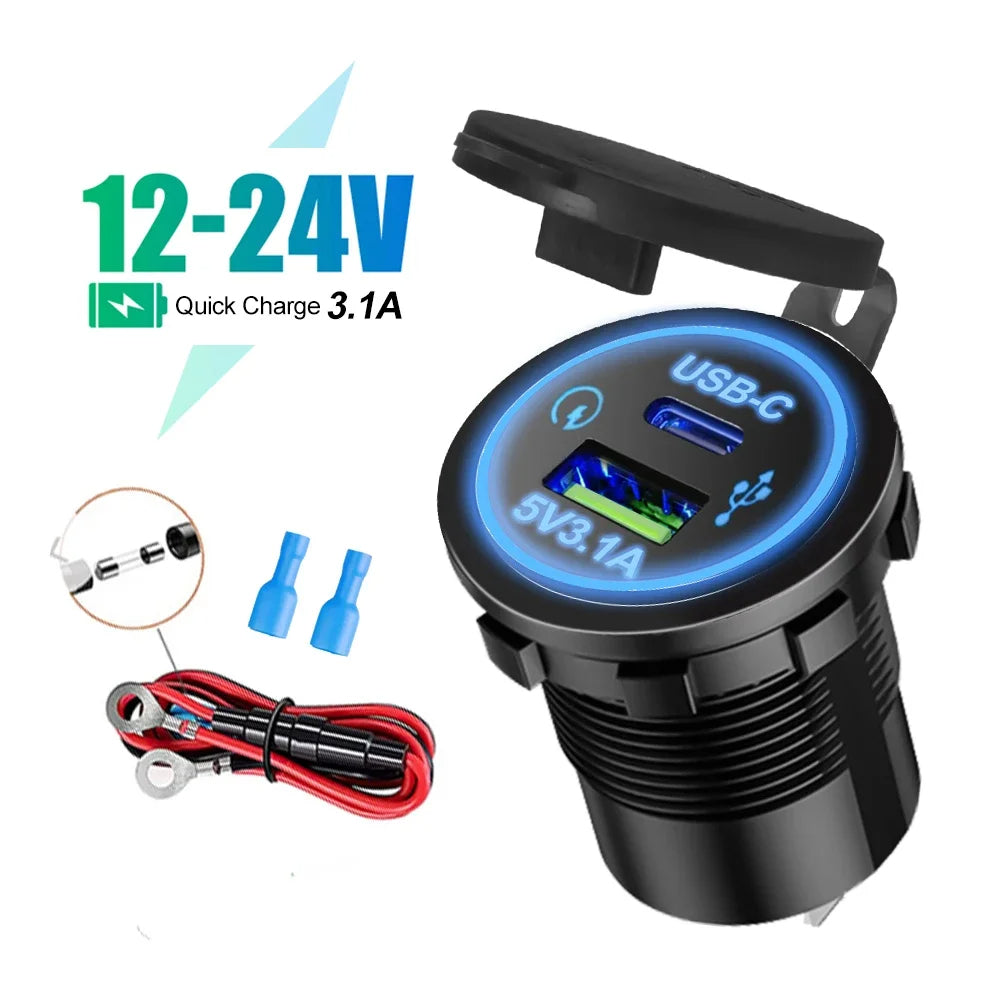 Universal Car Charger LED Light USB TYPE-C Charger Power Socket with Wire (Blue)