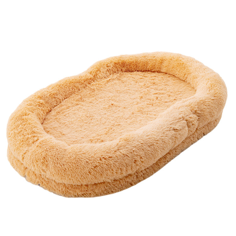 Washable Fluffy Human Dog Bed with Blanket and Pillow (Brown)