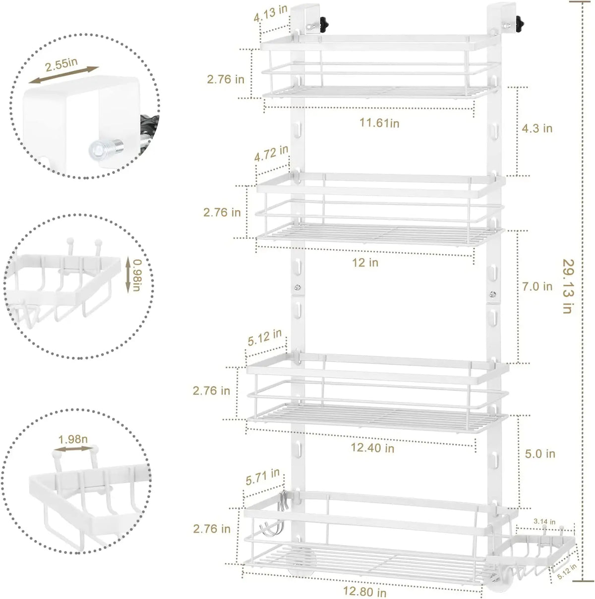 Behind Door Shower Caddy Space-Saving Waterproof Bathroom Basket (White)