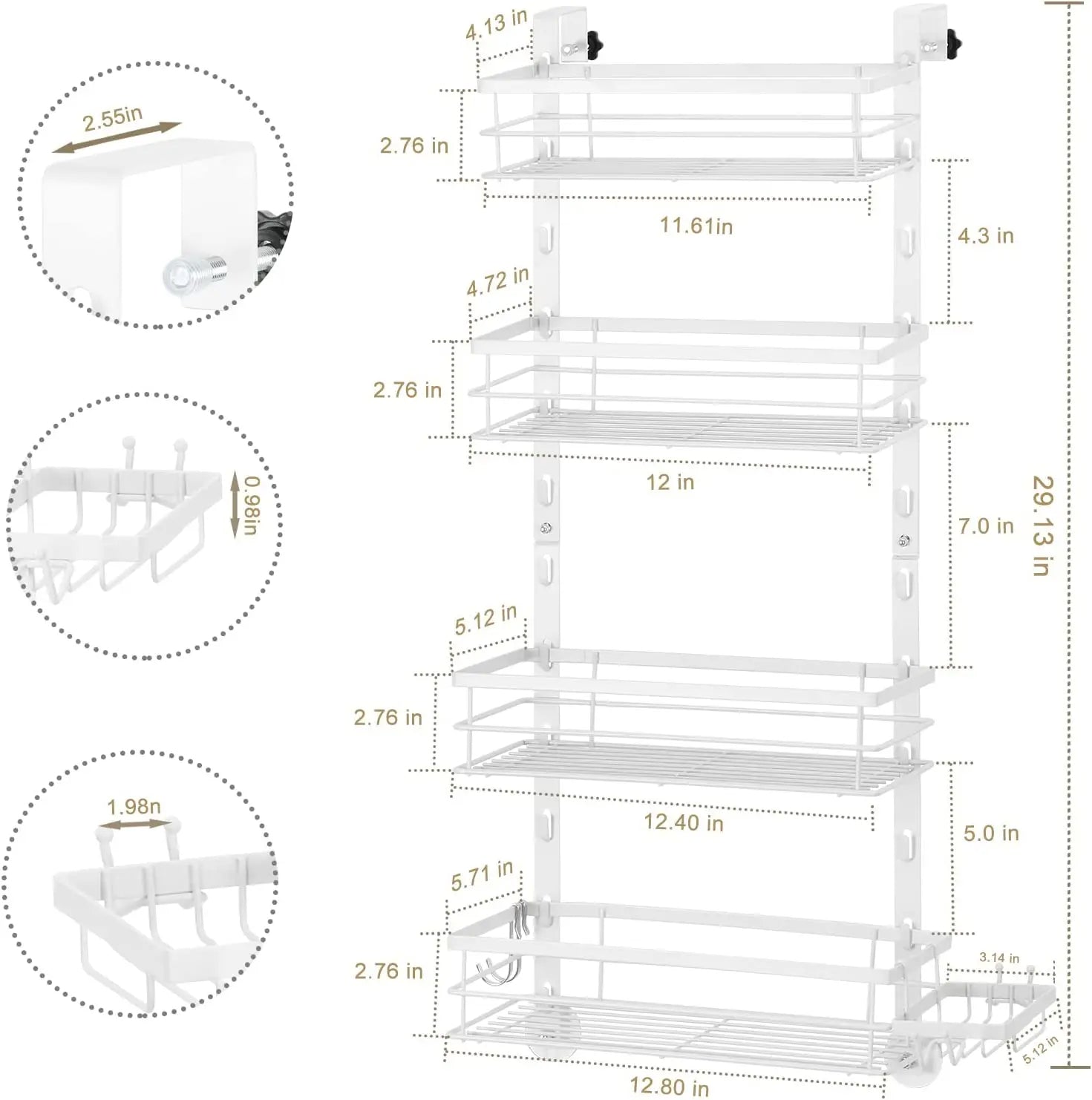 Behind Door Shower Caddy Space-Saving Waterproof Bathroom Basket (White)