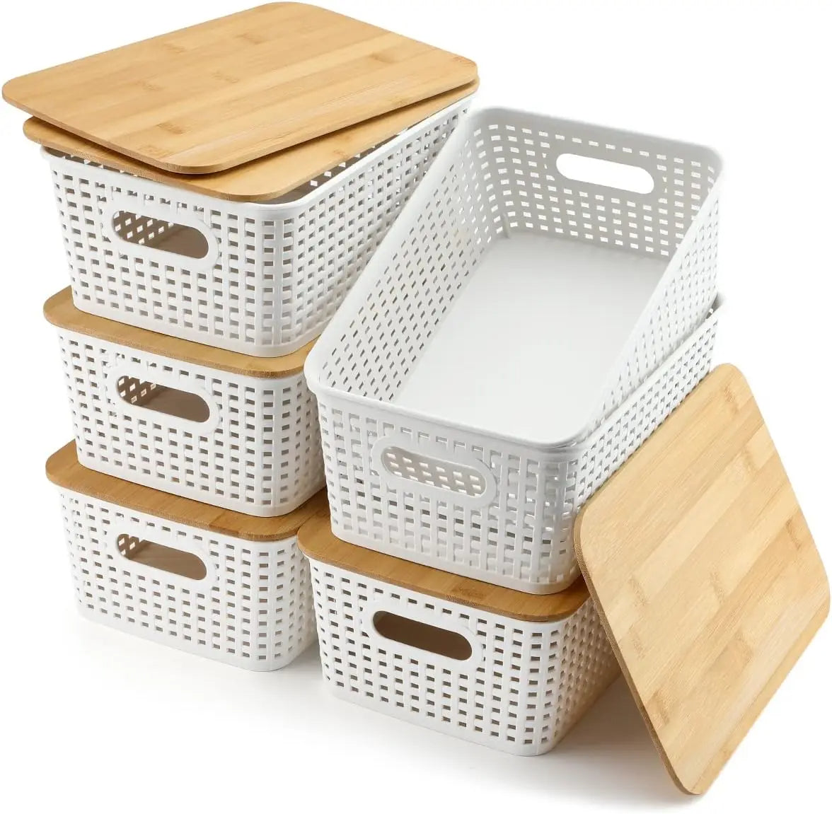 Plastic Storage Bins with Bamboo Lids 6PCS for Kitchen Room Bedroom Organizer