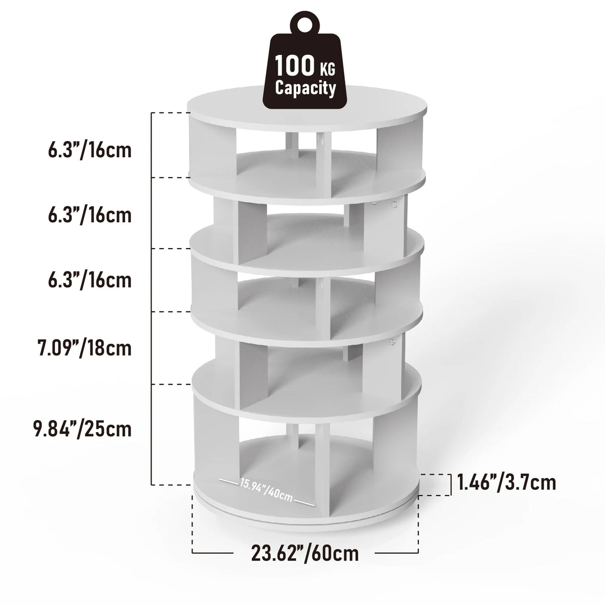 Rotating Shoe Tower 5 Tier Holds 24 Pairs for Closet Entryway (White)