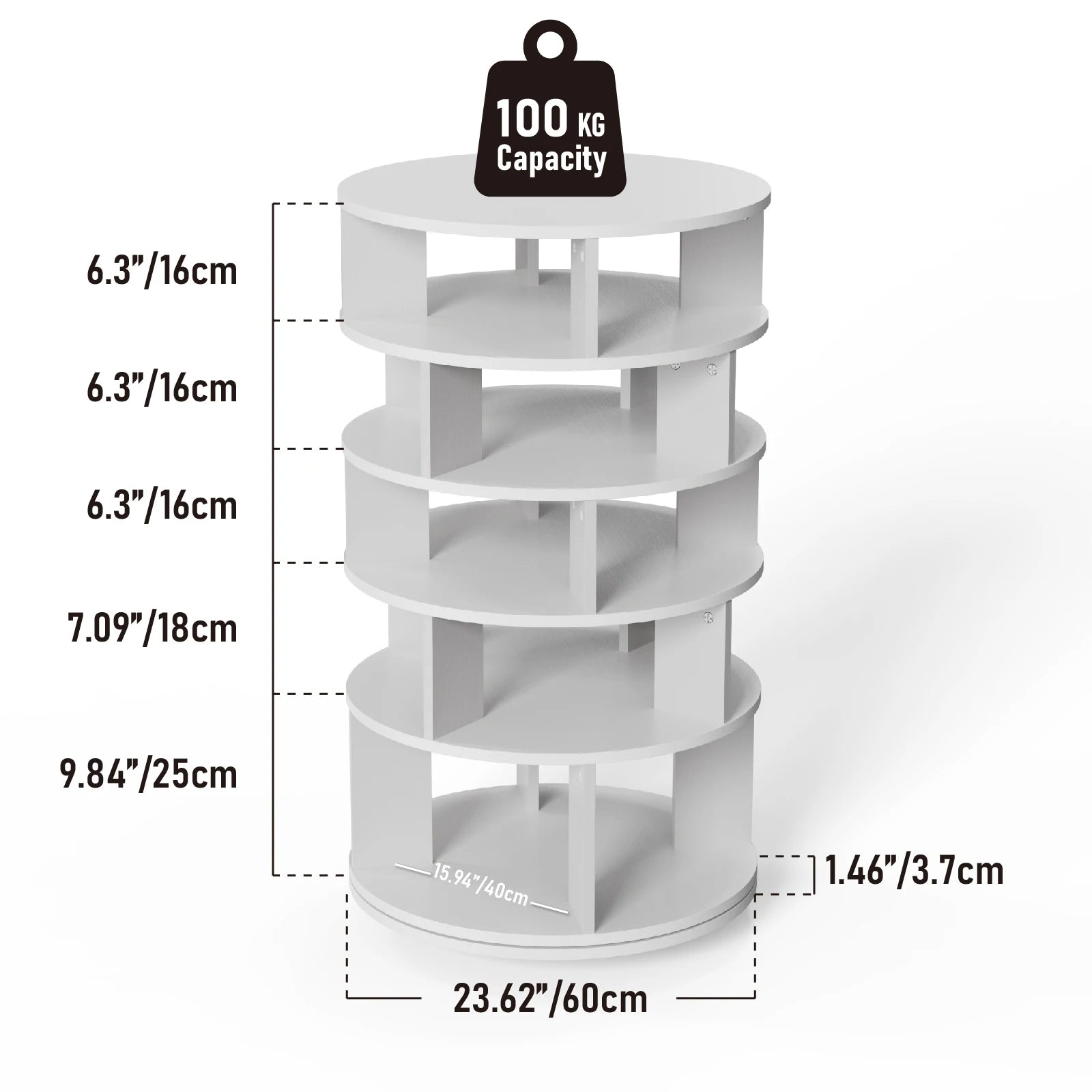 Rotating Shoe Tower 5 Tier Holds 24 Pairs for Closet Entryway (White)