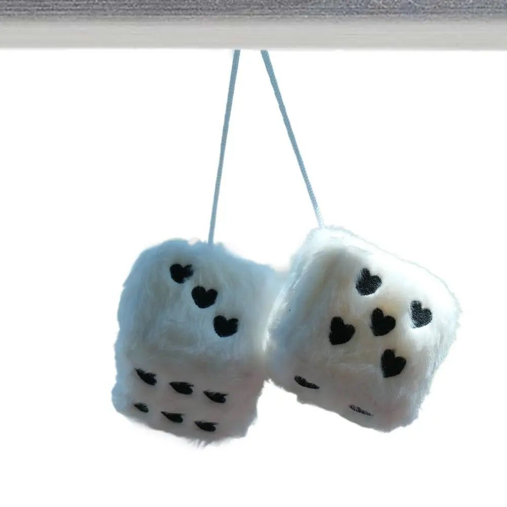 Soft Plush Dice Car Mirror Dangler with Lucky Heart Design Car Acessories (White)