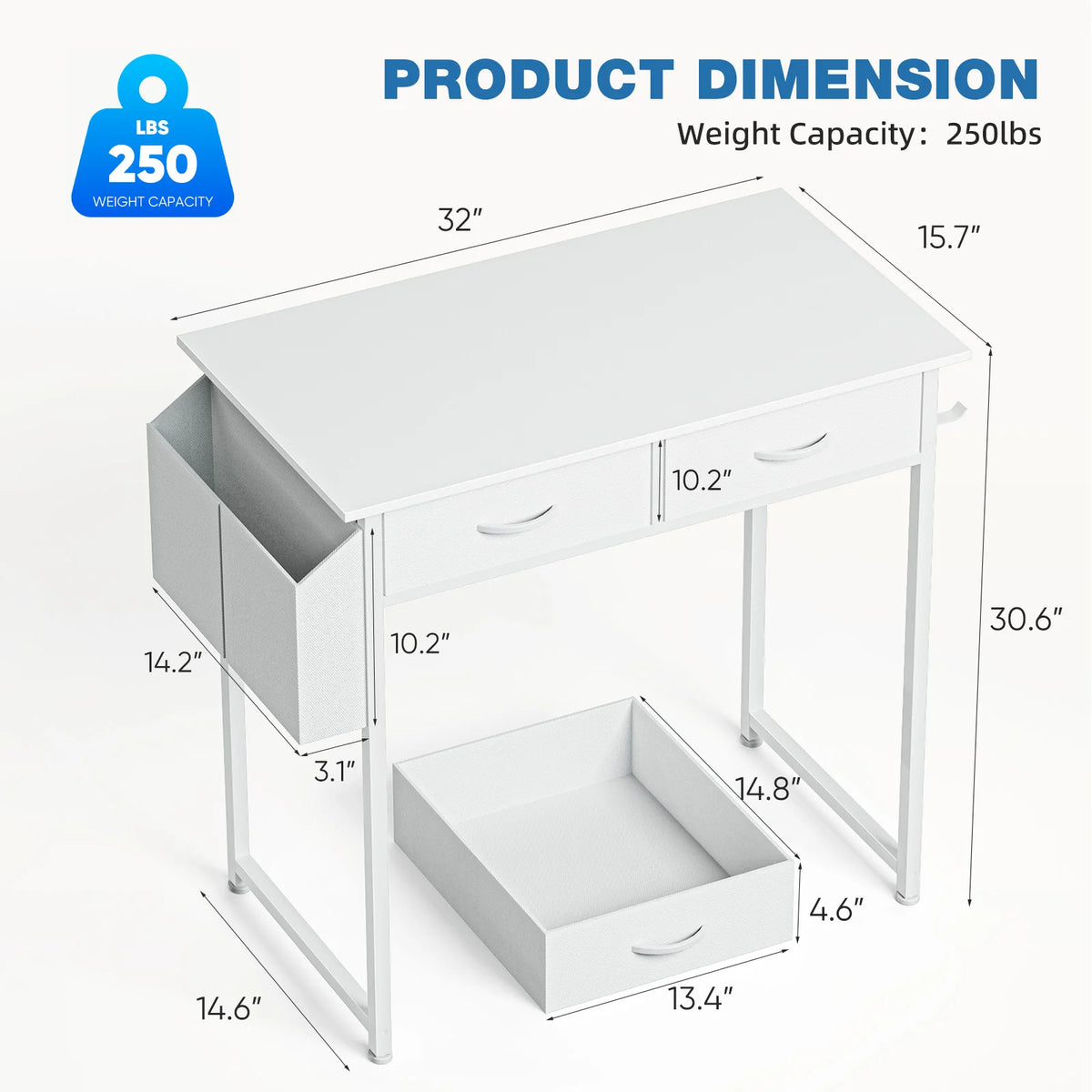 Modern Office Computer Desk with Fabric Drawers (White)