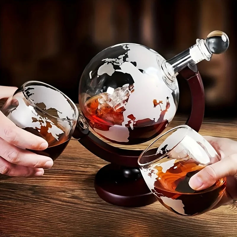 World Map Etched Glass Decanter Cup Set (3-Piece)