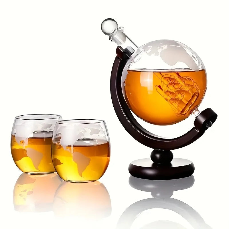 World Map Etched Glass Decanter Cup Set (3-Piece)