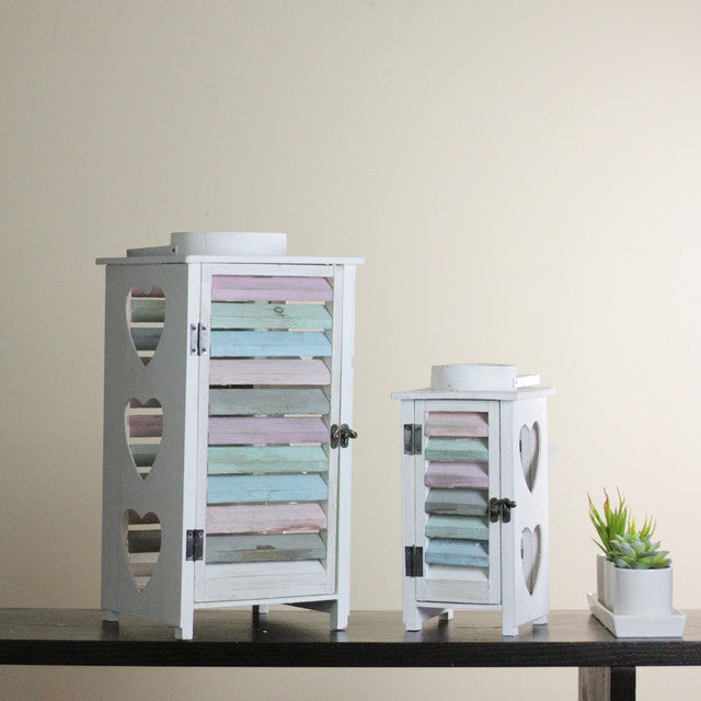 Set of 2 Weathered Wooden Lanterns with Shutters