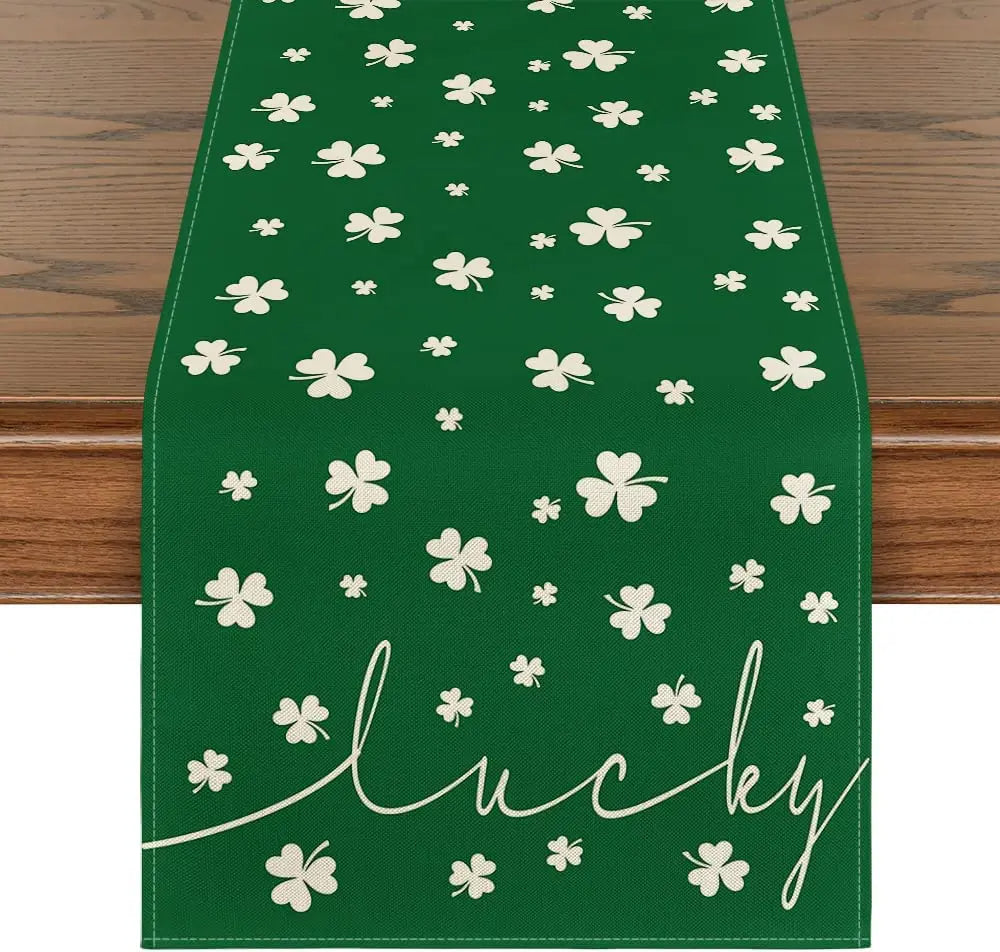 Forest Green Shamrock Linen Table Runner for St. Patrick's Day