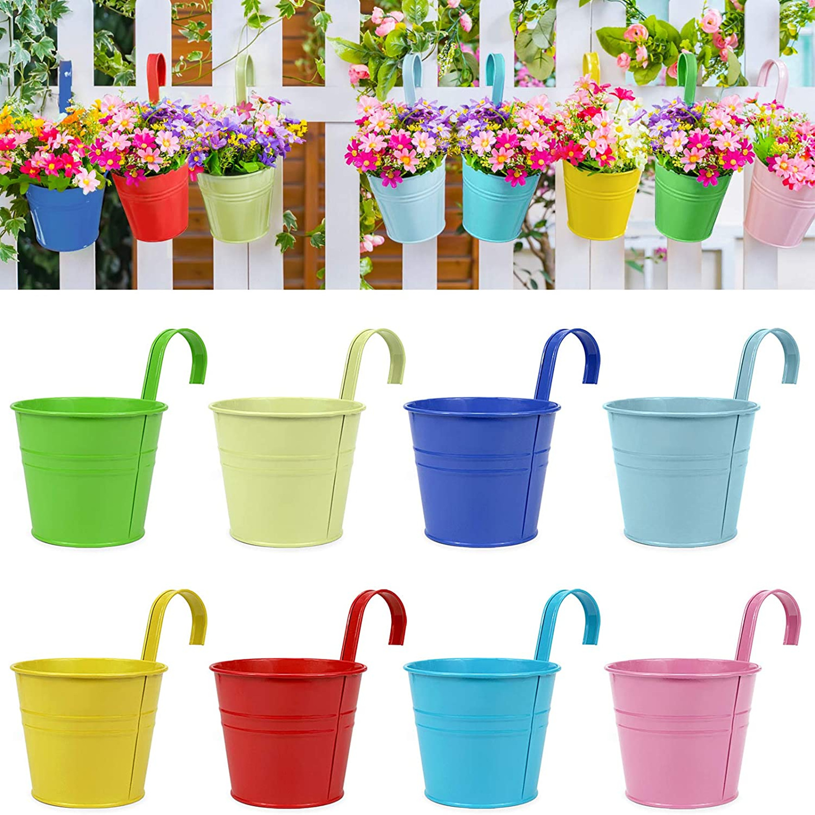 8 Pack, 8 Colors Iron Garden Pots Flower Pots Hanging Flower with Detachable Hook