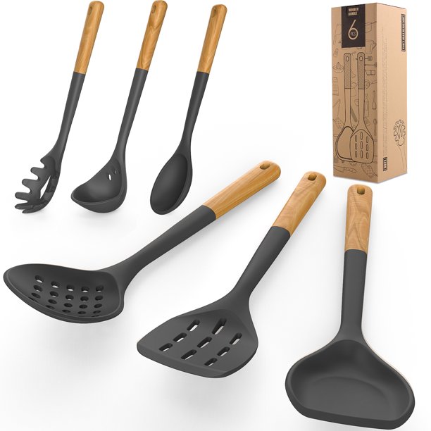 Silicone Set Kitchen Large Cooking Utensils Heat Resistant Kitchen Utensil Set - 6 Piece Gray