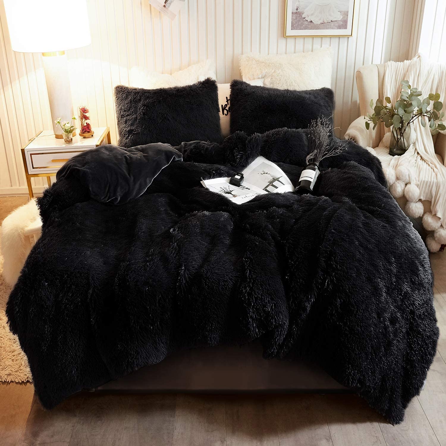 Duvet Plush 3 Piece Set, Black Faux Fur Comforter Cover Set, Queen Size, Black