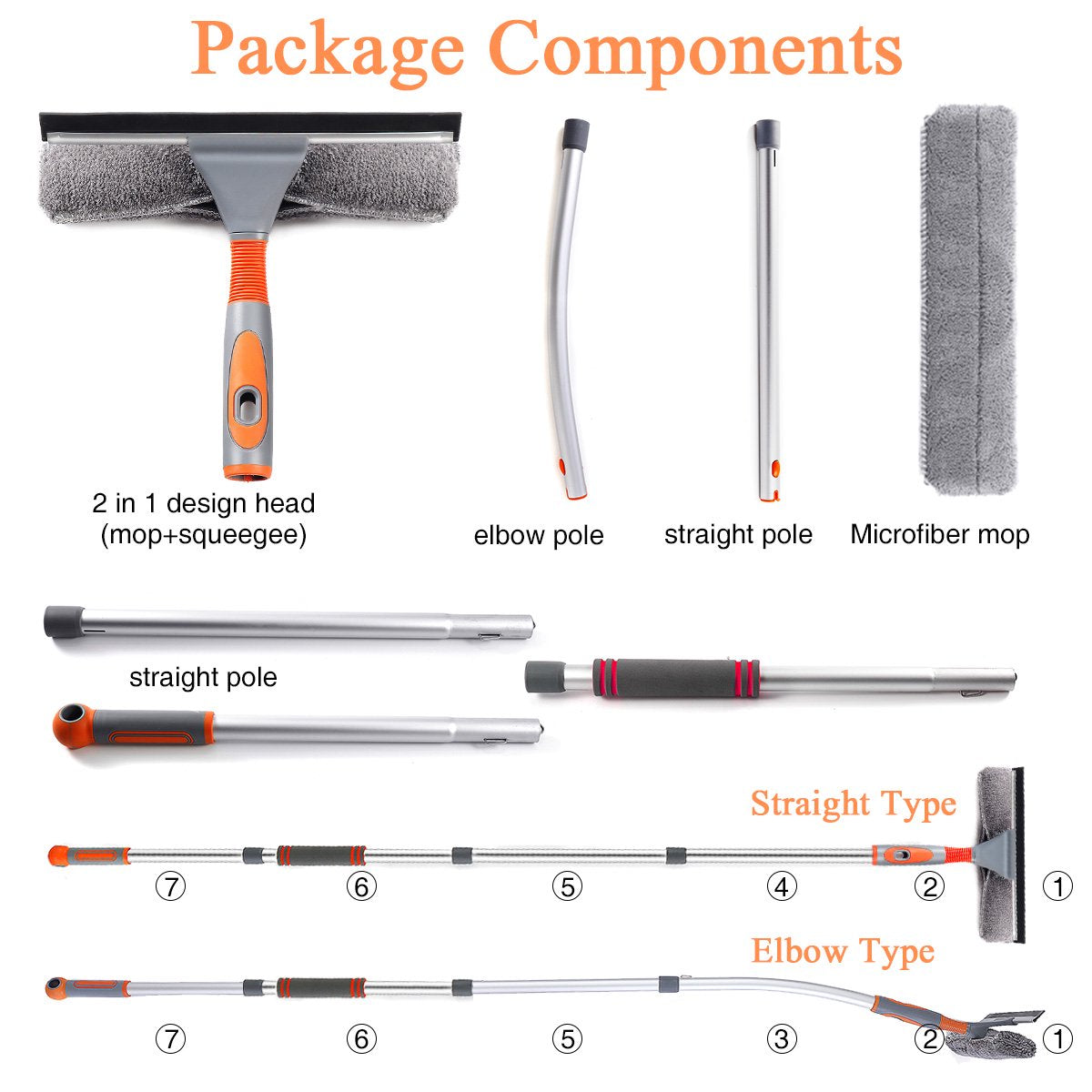 2 in 1 Window Squeegee Cleaner Tool with 61 inch Extension Pole