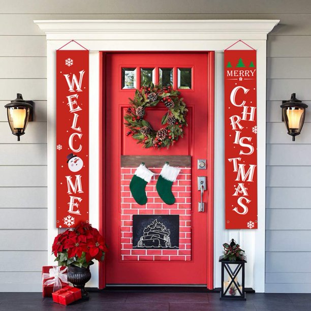 Christmas Banner Merry Porch Welcome Decorations Sign for Indoor Outdoor