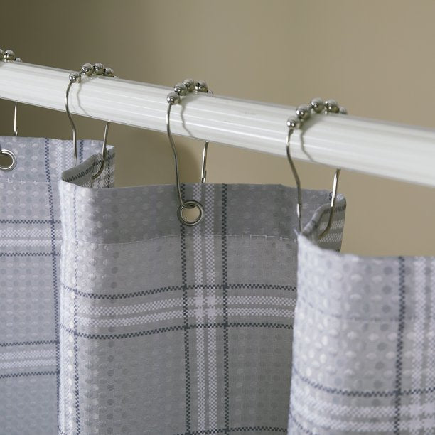 Shower Curtain Set Gray Plaid with 10 Metal Easy-Slide Hooks 72" x 72"