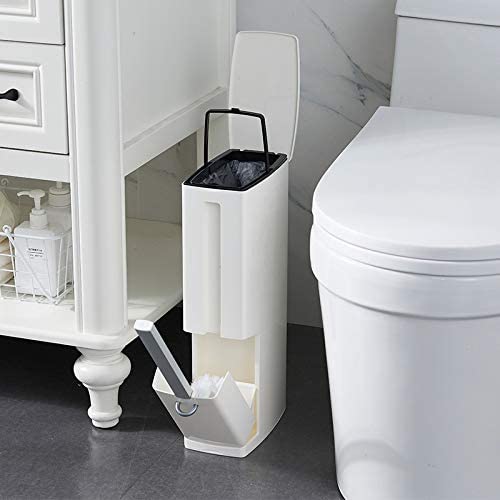 4 Liter Slim Plastic Trash Can with Press Top Lid with Toilet Brush Holder for Bathroom