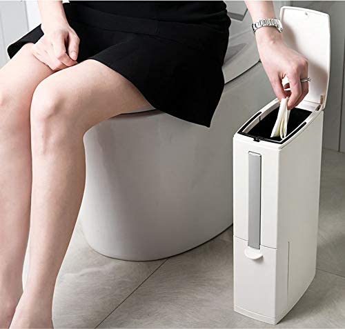 4 Liter Slim Plastic Trash Can with Press Top Lid with Toilet Brush Holder for Bathroom