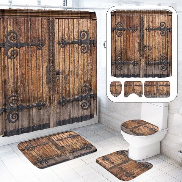 4 Piece Rustic Shower Curtain and Rug Set Bathroom Decor with 12 Hooks and 3 Pcs Toilet Rugs Set