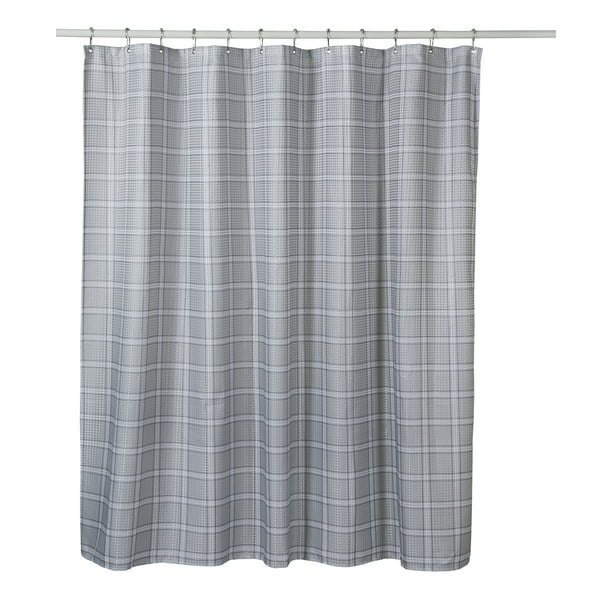 Shower Curtain Set Gray Plaid with 10 Metal Easy-Slide Hooks 72" x 72"