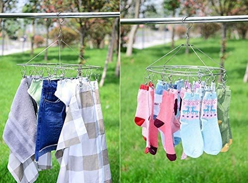 2 Pack Swivel Wind-Proof Hook Clothes Hanger Dryer Stainless Steel Drying Rack with 72 Clips