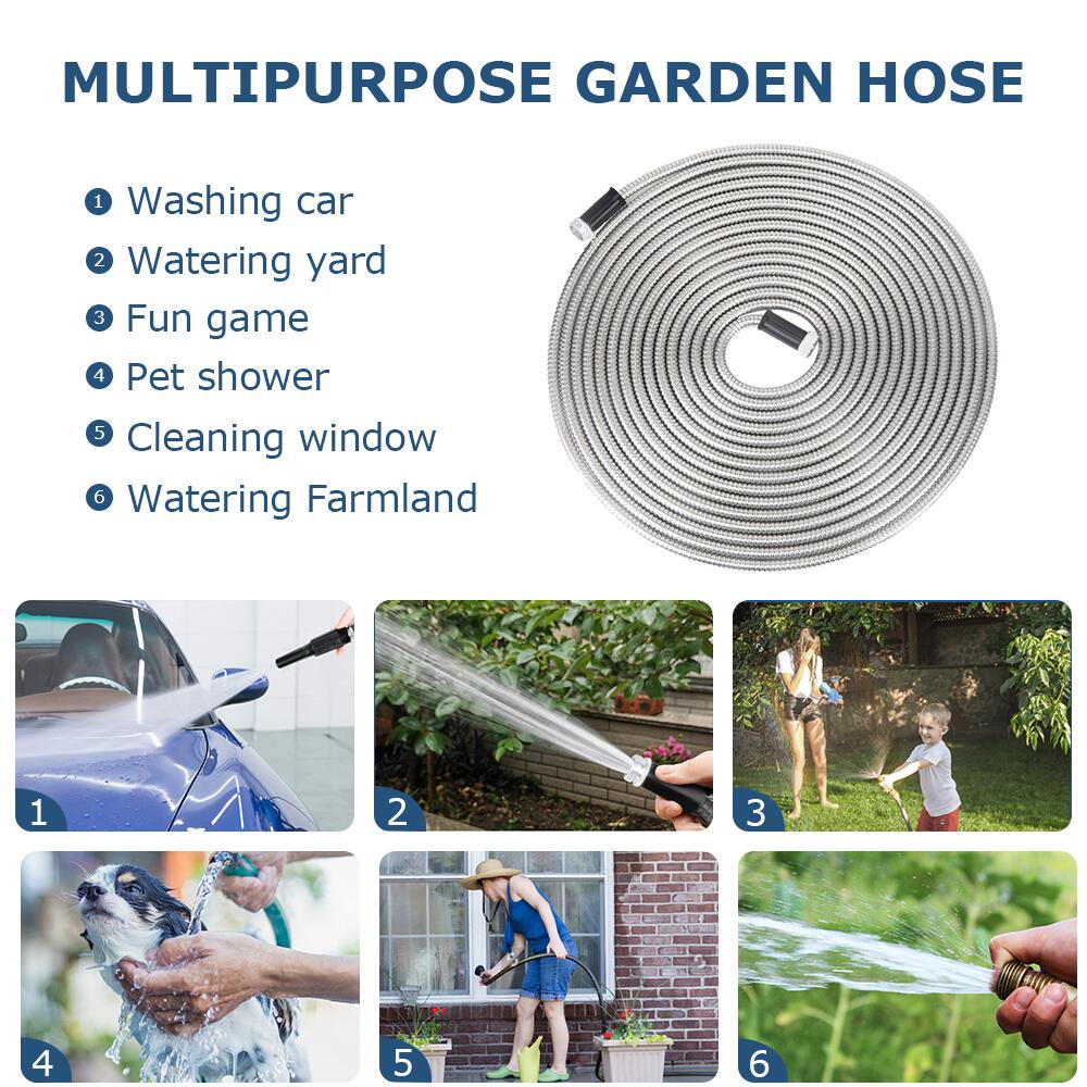 50 Ft Hose Steel Garden Stainless Metal Hose for Garden (Silver)