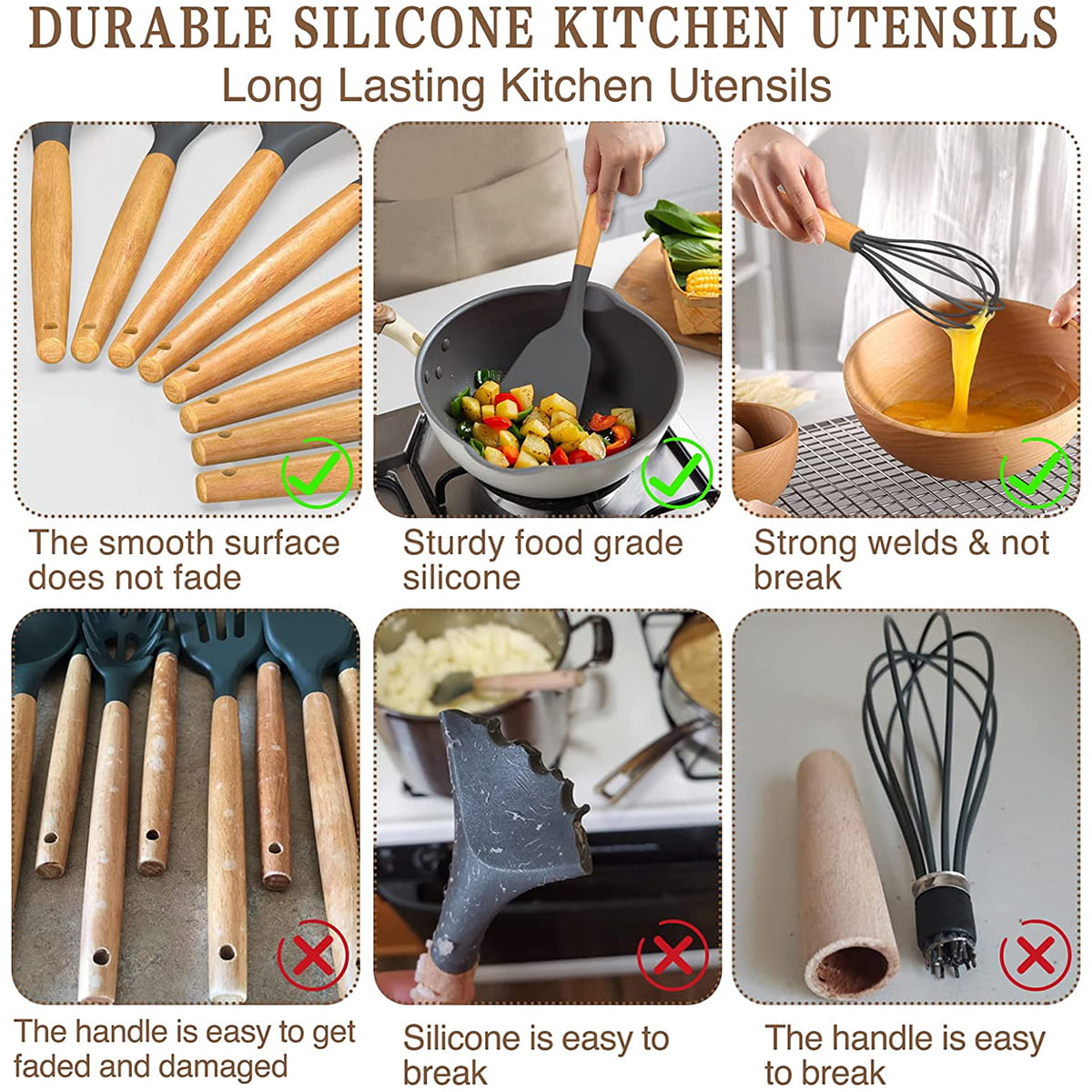 33 Piece Kitchen Set Silicone Utensil Cooking Set with Wooden Handle for Non-stick Cookware, Gray