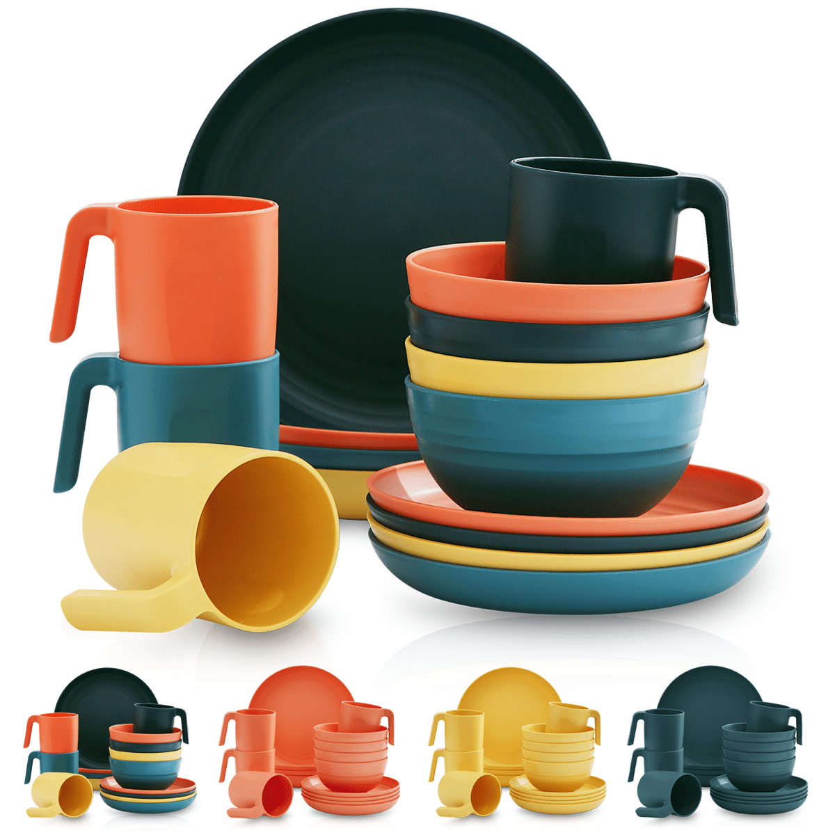 Set of 16 Pieces Plastic Dinnerware (Multicolor)