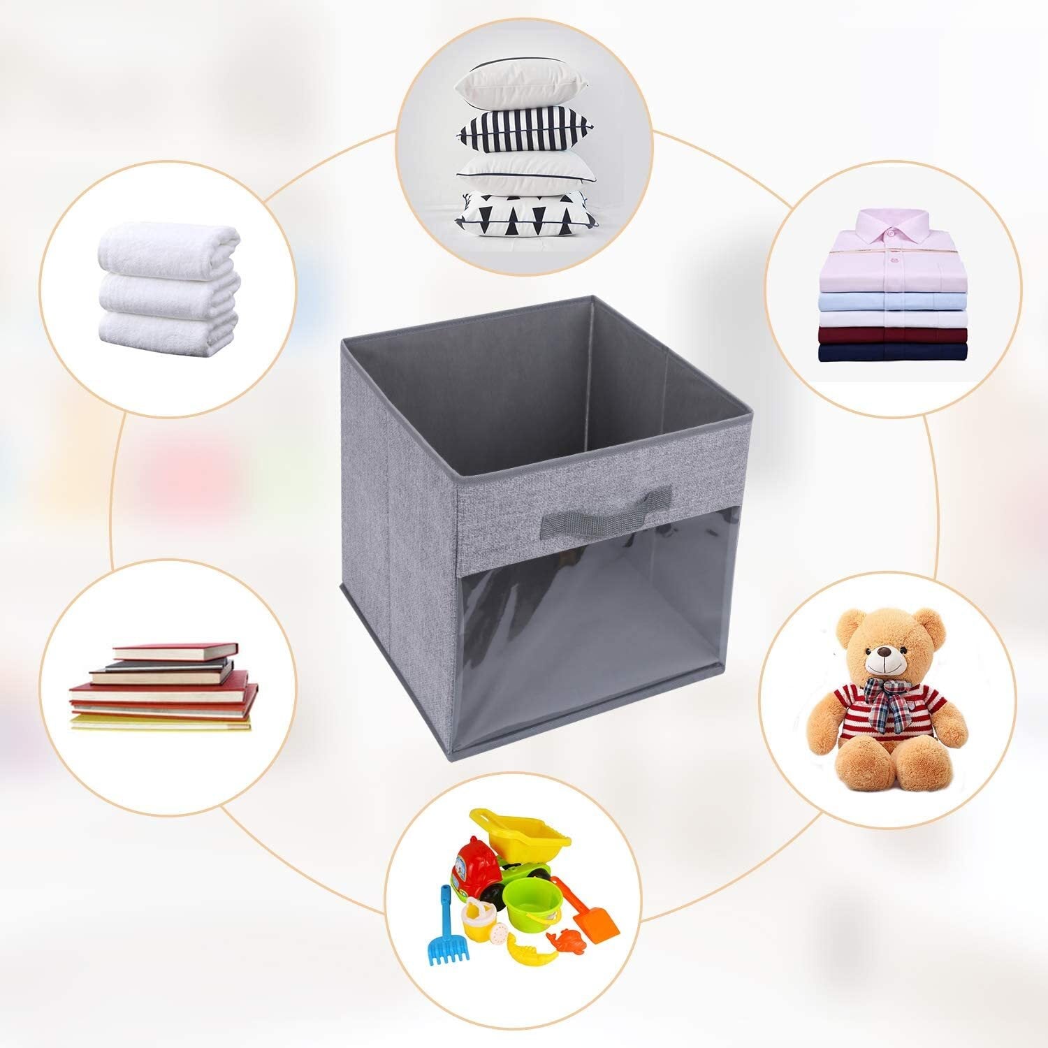 Fabric Storage Bin Foldable Organizer 3 Pack with Clear Window for Bedroom Kids (Ash Gray)