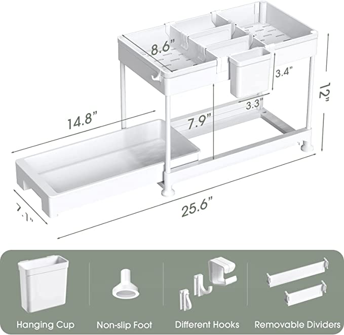 White 2-Tier Organizer Cabinet Sliding Basket 2 Pack Under Sink Drawer Storage Kitchen Bathroom Pull Rack Out Shelf Stackable