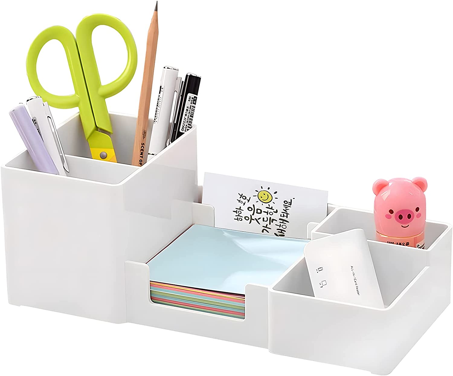 Desk Pencil Holder Desktop Organizer with Pencil Holders, Sticky Note Tray and and Office Accessories Caddy (White)