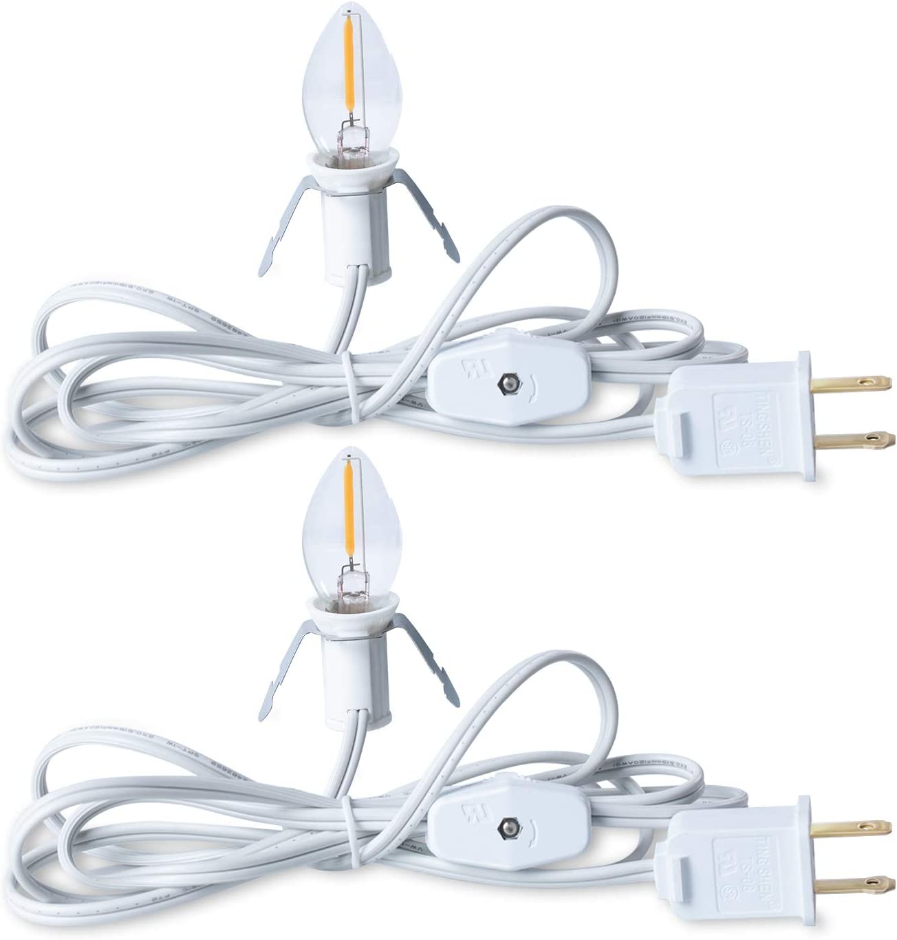 2 Pack 6 Feet Accessory Cord with One LED Light Bulb UL-Listed White Cord with On/Off Switch Plugs