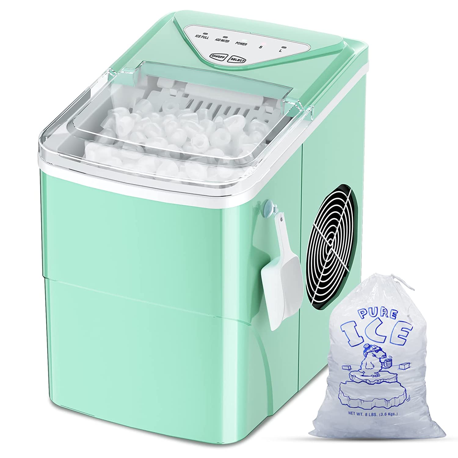 Portable Electric Ice Maker Portable Countertop Machine 26lbs 24Hrs with Ice Bags and Scoop Basket for Home Bar Office (Green)