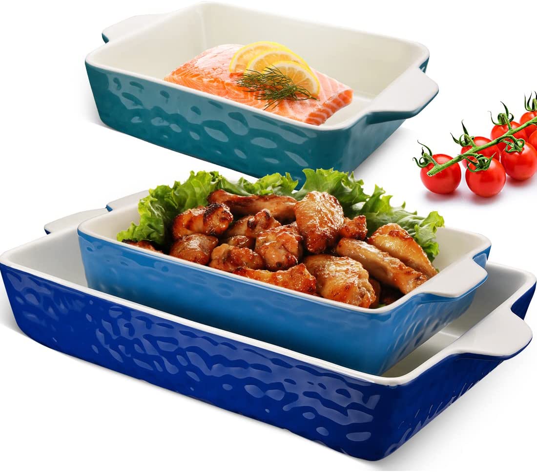 Dish Baking Ceramic Casserole with Handles for Oven, 3 Pack, Blue