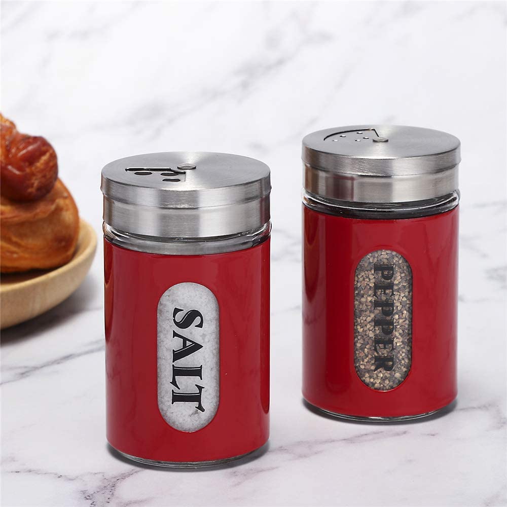 Stainless Steel and Glass Salt and Pepper Shakers with Adjustable Pour Holes - Red Color, Perfect for Kitchen and Dining Table Seasoning