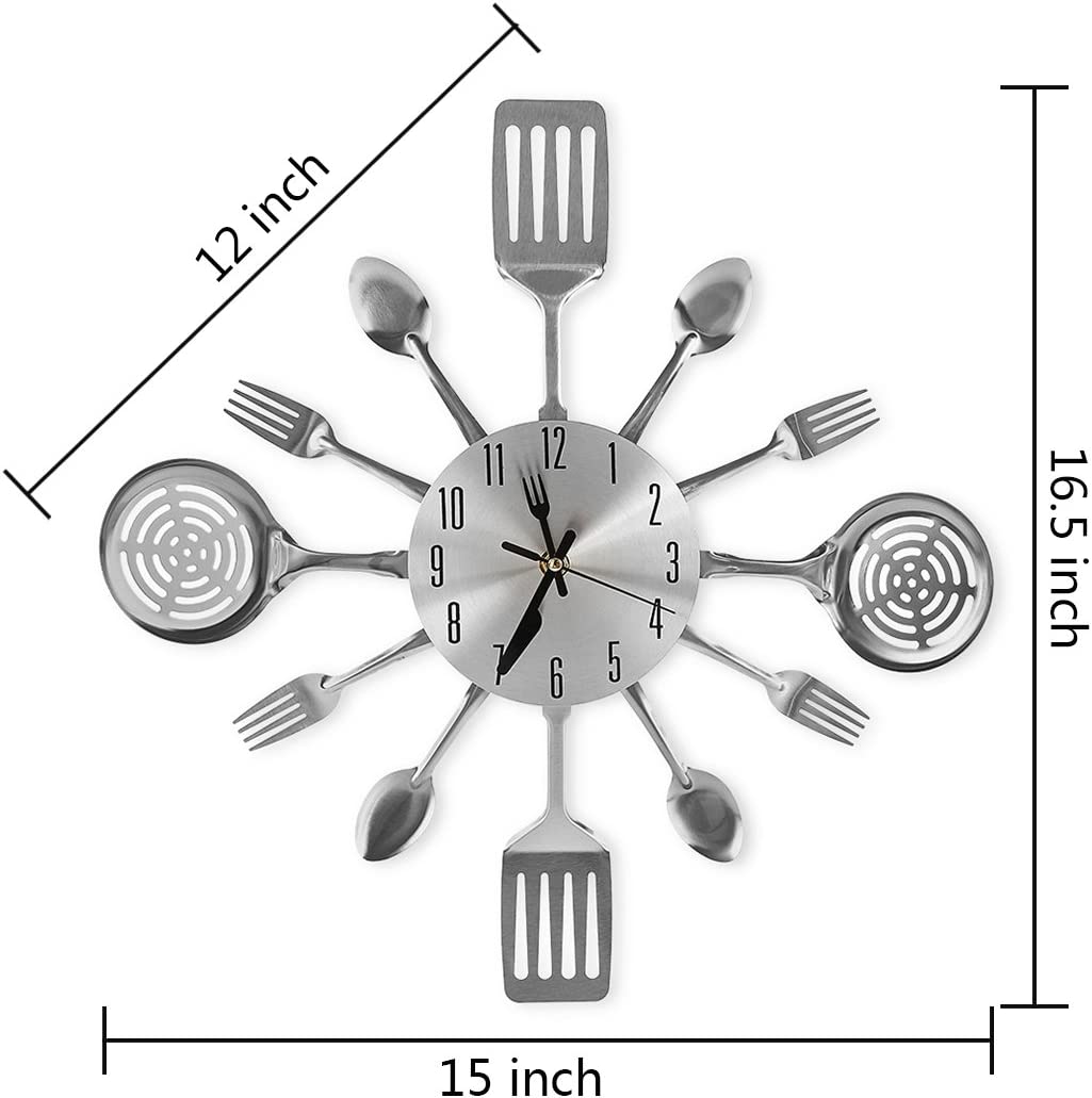 Kitchen Wall Clocks with Spoons and Forks, 16" Inches. Silver