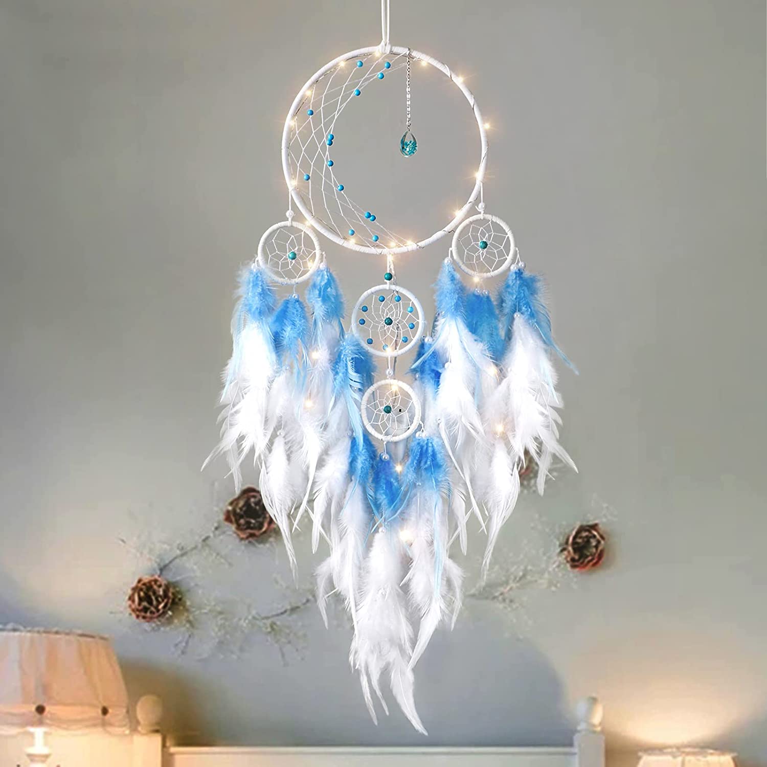 Decor Catcher Led Light Handmade Up Moon Lights Half Circle Dream Feather Blue